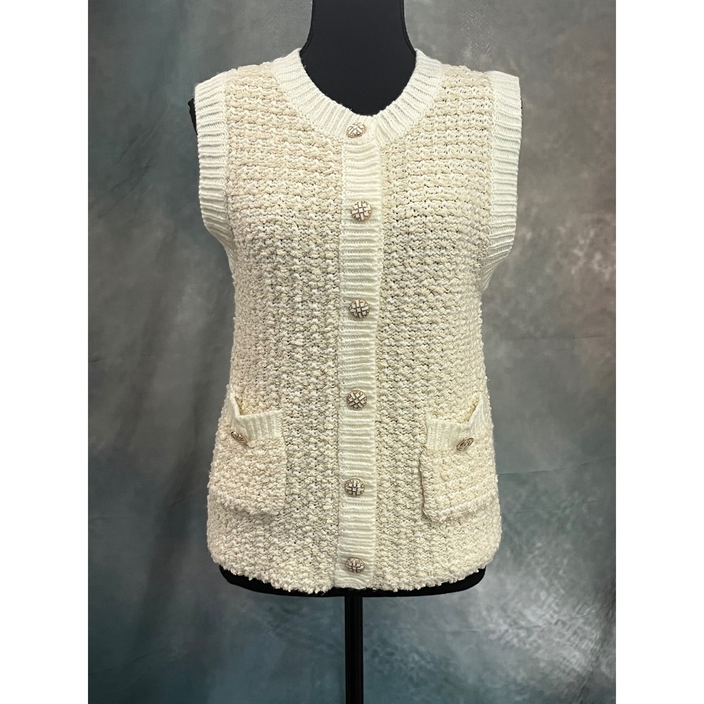 Heartloom Womens Ivory Bouclé Knit Button Front Vest Cardigan Small‎